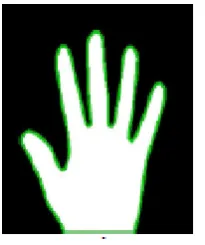 figure depicts convex points over a hand region. This is showed by a green line of specified thickness around the segmented hand region