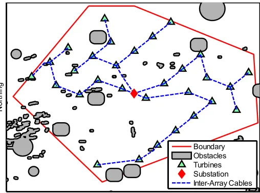Fig. 4: Optimised turbine placement. LCOE for this layout is  £89.51/MWh.  