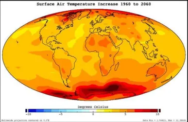 Figure 1. Simulated surface air temperature increase by the year 2060 (Rob, 2005).  