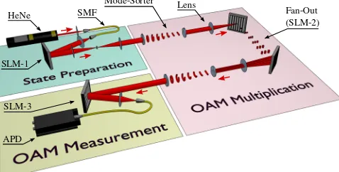 FIG. 2 (color online).Experimental schematic.The Fourier plane of this grating is imaged onto the bottom halfof the same SLM displaying the appropriate hologram to correctfor the relative phase between the three copies