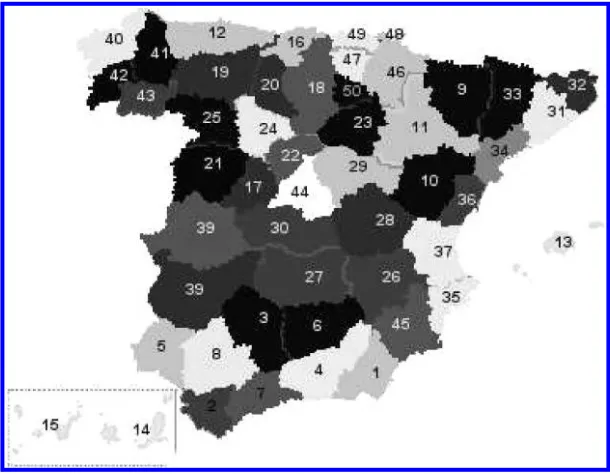 Figure 1. Cross-regional variation in length of trials. The ﬁgure contains a map of Spain withjudicial districts having deeper shades of gray for increasing quality of law enforcement (decreasingaverage length of trials)