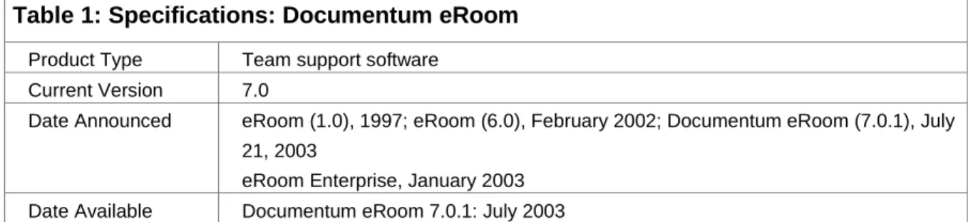 Table 1: Specifications: Documentum eRoom