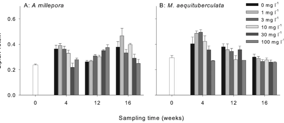 Figure 6. The effect of sediment treatment on lipid normalized to biomass (mg lipid/mg protein) at each of the sampling periodsfor (A)t = 0 days to represent all of the initial treatments