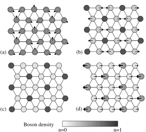 Figure 3.3: Boson interpretation of the spin orderings in Fig. 3.2. Gray scale showsdensity order ⟨nr⟩, while arrows show superﬂuid order ⟨b†r⟩
