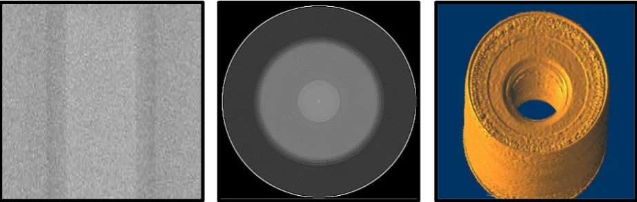 Figure 7. Examples of projection (left), tomogram (center) and 3D reconstruction (right) of a simulated 100 µm diameter bone with a 40 µm micro-crack