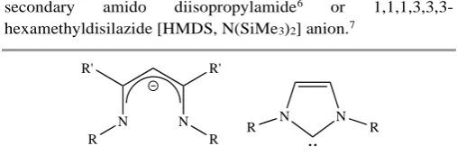 Figure 1 Nacnac anion (left) and N-heterocyclic carbene (right) typically used as aggregation-lowering co-ligands in metal hydride complexes 