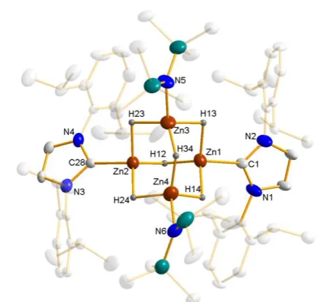 Figure 2 Crystallographically characterized molecular NHC-stabilized neutral and cationic zinc hydride species