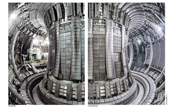 Figure 1. Picture of the interior of the JET vessel with an all carbon wall (JET-C) on the left and with the ITER-like wall (JET-ILW) withberyllium main chamber and tungsten divertor on the right.