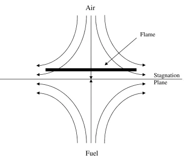 Figure 1.3 Sketch of a stagnation point flow field in a counterflow diffusion flame 