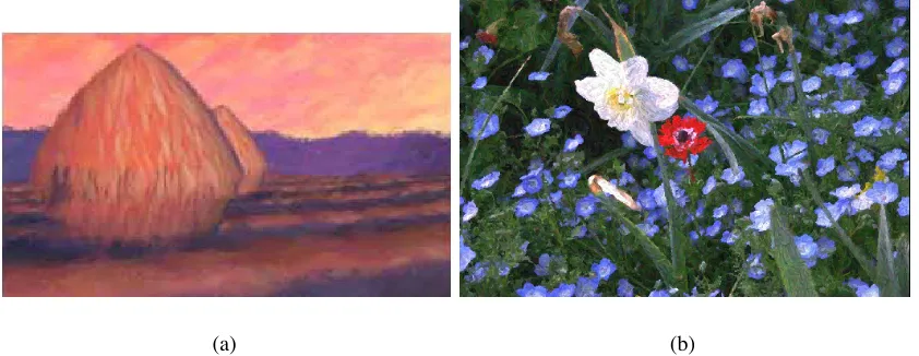 Figure 9: Computer-generated paintings based on different types of input: (a) based on three-dimensional modelanimations (by Meier); (b) based on video sequences (by Litwinowicz).