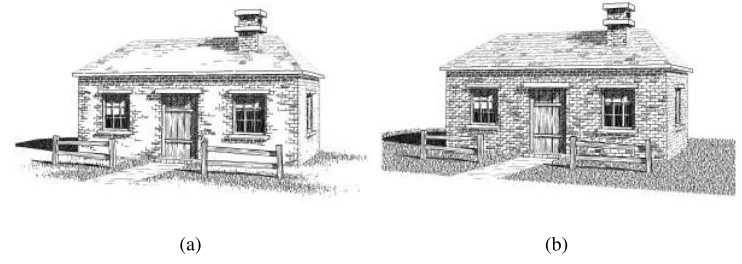 Figure 4: Pen-and-ink illustrations of an architectural model: (a) the house drawn with “indication” (detail de-creases as distance from the detail segments increases); (b) the same drawing without indication