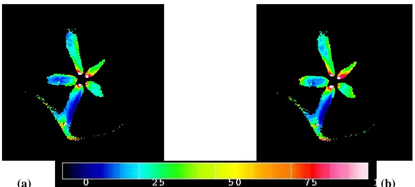 Figure 2: (a) Mean relative liquid volume fraction in diesel spray (LIF), and (b) Mean elastic Mie scattering image, obtained at TDC