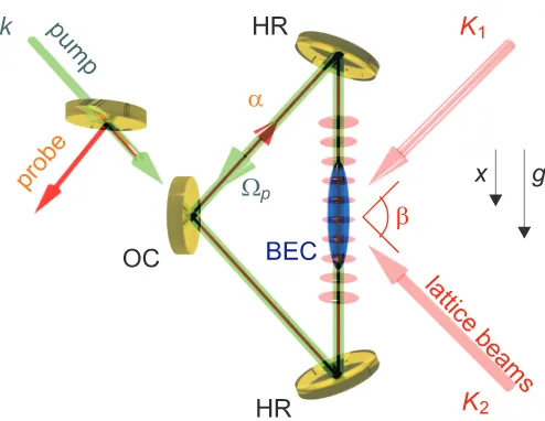 Fig. 1. Scheme of a ring cavity consisting of two high-reﬂecting mirrors (HR) and one out-put coupler (OC) interacting with a Bose-Einstein condensate (BEC) stored in the verticalthe cavity mode at the location of the BEC under angleswhose periodicity is c
