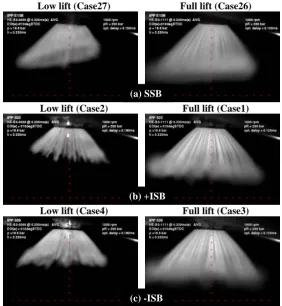 Figure 16 compares the mean spray images at two extreme needle lifts and shows that the first and most important difference is the significant penetration difference between the two needle lift positions with all three injectors with almost the same level 