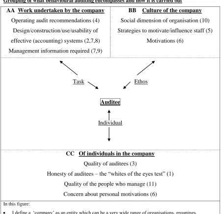 Figure 2.5 Grouping of what behavioural auditing encompasses and how it is carried out  