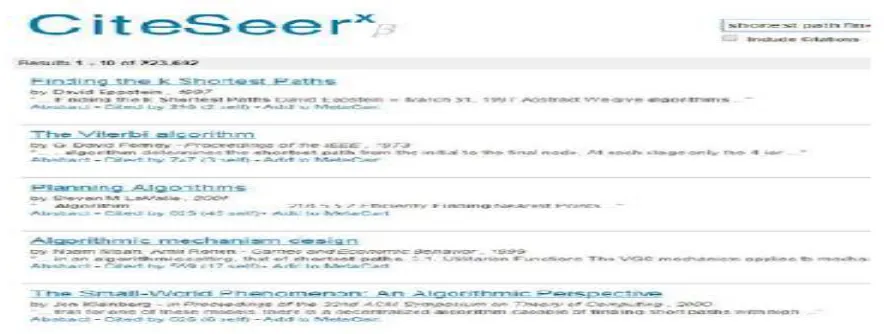 Fig. 1. Sample search results for the query “shortest path finding algorithm” on CiteseerX