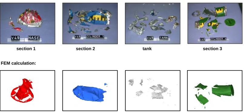 Figure 10. Fragments after impact; top: experiment V49 according to Kreuser et al. (2003); bottom: simulation SPH 