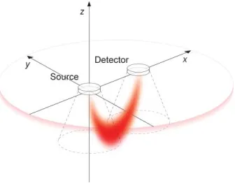 Fig. 2  Geometrical arrangement of source, sensor and tissue as used in the Monte Carlo model (MCM)