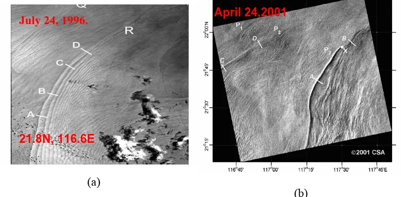 Figure 1.3. Satellite images of internal solitary waves (a) from 