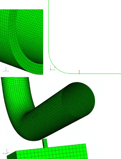 Figure 2. Solid volume (above left), pipe/elbow (above right) and shell element (below) models