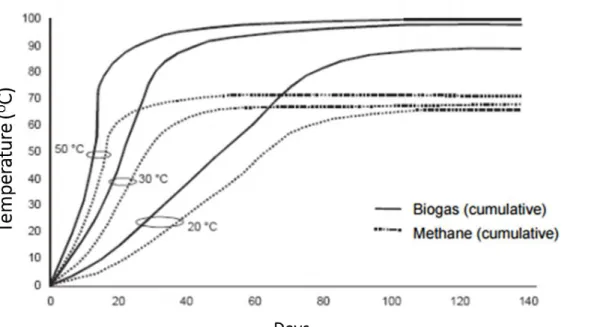 Figure 2. 2: Relative biogas yields depending on temperature and hydraulic retention time (Al Seadi et  al., 2008) 