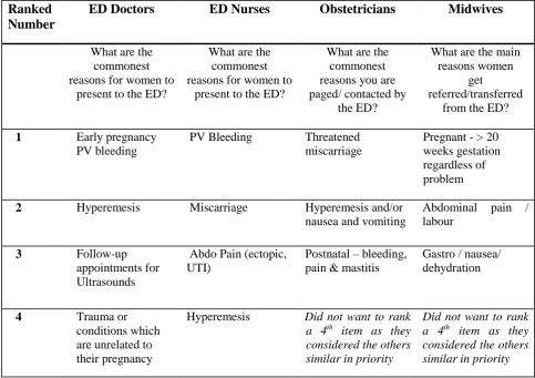 Table 2: List of ranked priorities generated by the four expert groups to question 1  