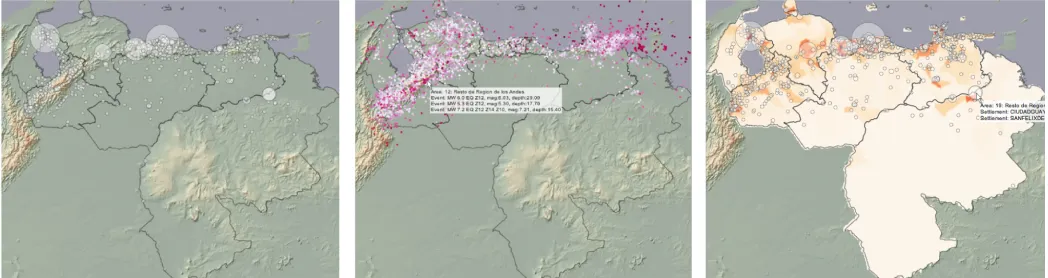 Figure 1.  CRESTA zones in Venezuela with elevation model and settlements (left; settlements as circles with diameter to population), with events (centre; 60% random sample of earthquake epicentres coloured by magnitude with details-on-demand box) and with
