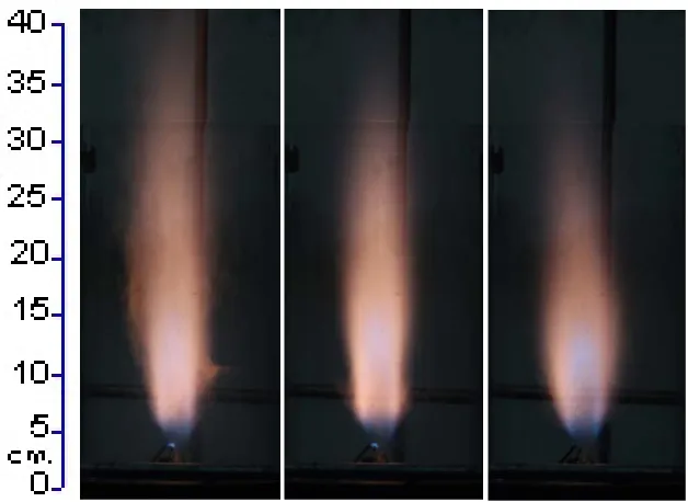 Figure 53 Biodiesel Combustion with Tandem Parallel-Swirl Coflow  Left to right: (a) 100 lpm m, 23 lpm m, (b) 70 lpm m, 28 lpm m, (c) 60 lpm m