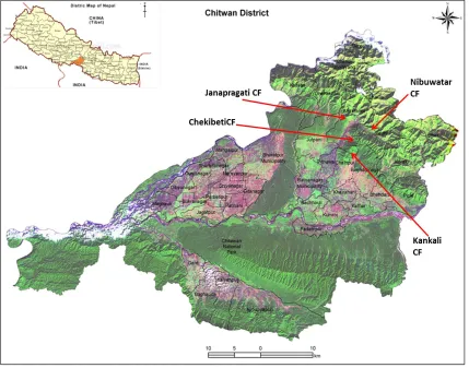 Figure 3: Location of the studied CFUGs in Chitwan district (Department of Forests, Nepal) 