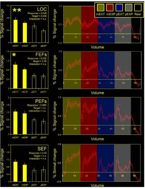 Figure 5. Region of interest (ROI) analyses. The left panel shows estimates of the blood oxygenation level dependent (BOLD) signal changes(relative to rest) from the GLM analysis for the 4 experimental conditions (mEXT, mEXP, pEXT, pEXP) and 4 regions of i