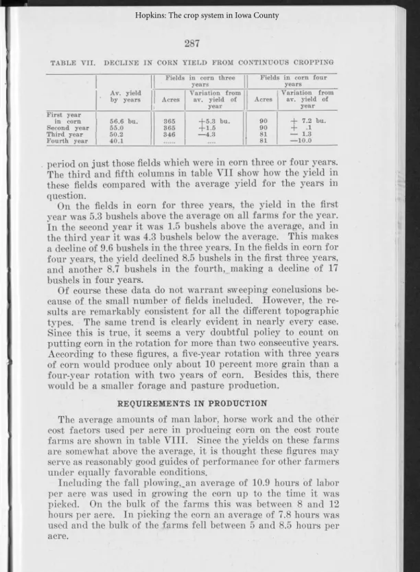 TABLE   V II.  D ECLINE  IN   CORN  Y IE L D   PROM  CONTINUOUS  CROPPING Fields in  corn  three 
