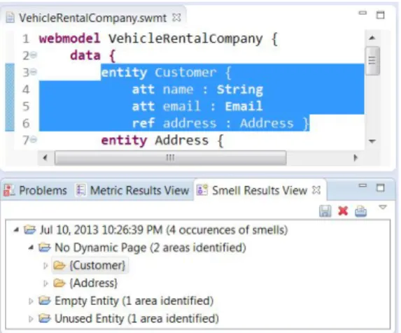Fig. 2. Report of concrete smell occurrences in our example SWM model and highlighting of  in-volved element in smell No Dynamic Page within the textual Xtext editor