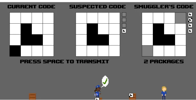 Figure 1.  The Contrabot game interface. The leftmost tiles indicate the code the player will send, the middle tiles are the learned code for the inspector, and the rightmost tiles are the learned code for the partner