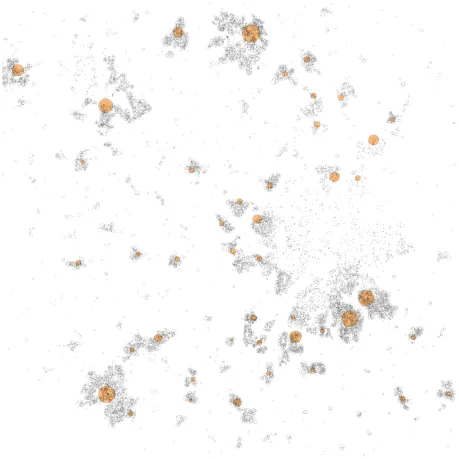 Figure 1. The structure of library usage in part of Leicestershire. Libraries are represented by shaded symbols sized according to annual loans.15,000 unit postcodes are sized according to annual loans in an interactive Processing application that zooms, p