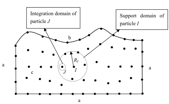 Fig. 3.3.1 Illustration of particles, integration domain and support domain 