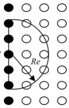 Fig. 3.3.3 Illustration of the influence domain for wall particles (solid circle: wall particles; hollow circle: water particles) 