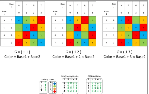 Figure 3.  Examples of 2 base encoding with three different encoding vectors [G=(1,1), G=(1,2),  G=(1,3)]