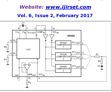 Figure 1: CD4046 circuit schema (4046 datasheet [5] [7]). It contains the VCO and three phase comparators