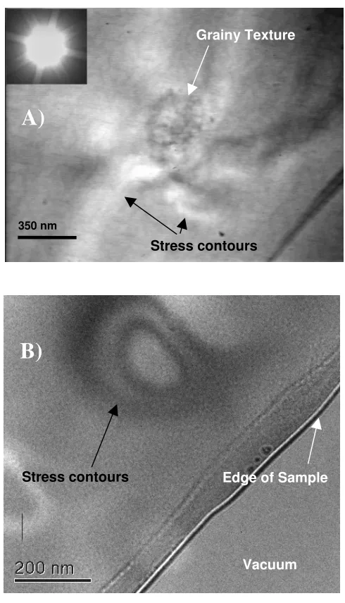 Figure 4: Conventional TEM showing the entire irradiated areas after 20 min. exposure to a 200 keV convergent beam: a grainy texture in the N-Cz sample A) is not present in the Wacker N-free Si sample B)