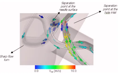 FIG. 1. �Color online� Visualization of ﬂow separation points present intypical Diesel automotive injector nozzles