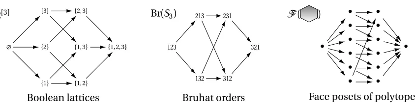 Figure 2.1 In this ﬁgure we see the Boolean lattice 2[3] consisting of all subsets of [3] = {1,2,3} (or equiva-lently the face poset of the 2-simplex), the Bruhat order on the symmetric group S3, and the face poset of ahexagon.