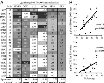 FIG. 5. Correlation between percent cleavage and sensitivity to neutralization by sCD4, MAbs, and HIVIG
