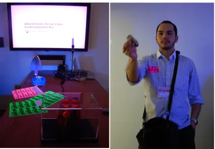 Figure 7: On the left, the setup of the Truth or Dare installation at the 2013 4th CRDM Symposium
