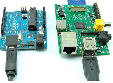 Figure 9:  On the left, the Arduino UNO. On the right, the Raspberry Pi. 