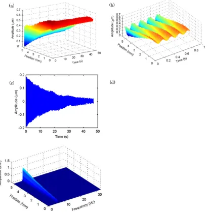 Fig.6 (a) the line vibration of the cantilevered beam captured by 2DOCVT system during the period of 46.9s; (b) the zoom line vibration for the range of 0 to 0.8s; (c) the point vibration signal from No.270 pixel of CCD camera; (d) the FFT of the line vibr