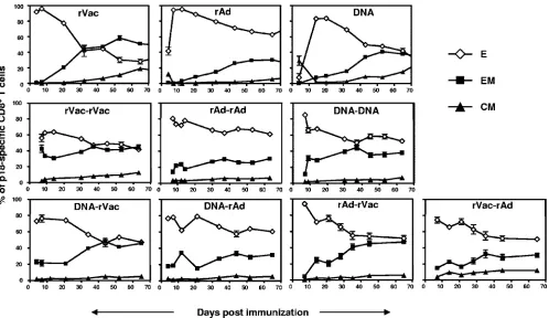 FIG. 3. Differentiation of p18-speciﬁc CD8�(2mice were boosted with homologous or heterologous combinations of immunogens using the previously mentioned vectors and the same quantityand route of administration used for the priming immunizations