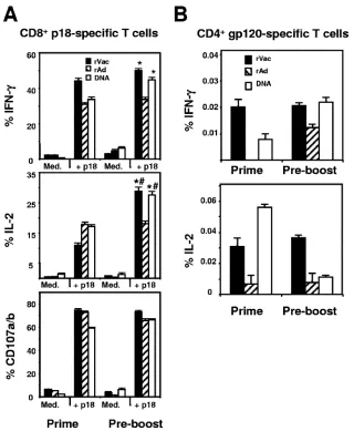 FIG. 6. Functional analysis of p18-speciﬁc CD8�peptide-reacting CD4immunization with rAd); #,*peptides spanning the HIV-1 IIIB gp120 protein (2on day 7 (rVac), day 12 (rAd), or day 14 (plasmid DNA) after the priming immunization or 10 weeks later (preboost