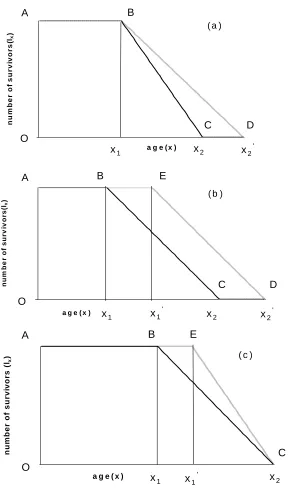 Figure 1: Three hypothetical mortality models (a), (b) and (c)   