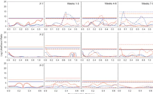 Figure 4.—Quantitative trait loci affecting male (blue for block 1, light blue for block 2) and female (red for block 1, pinkfor block 2) life span (far left column) on haplotypes 1, 2, and 3 of the X chromosome