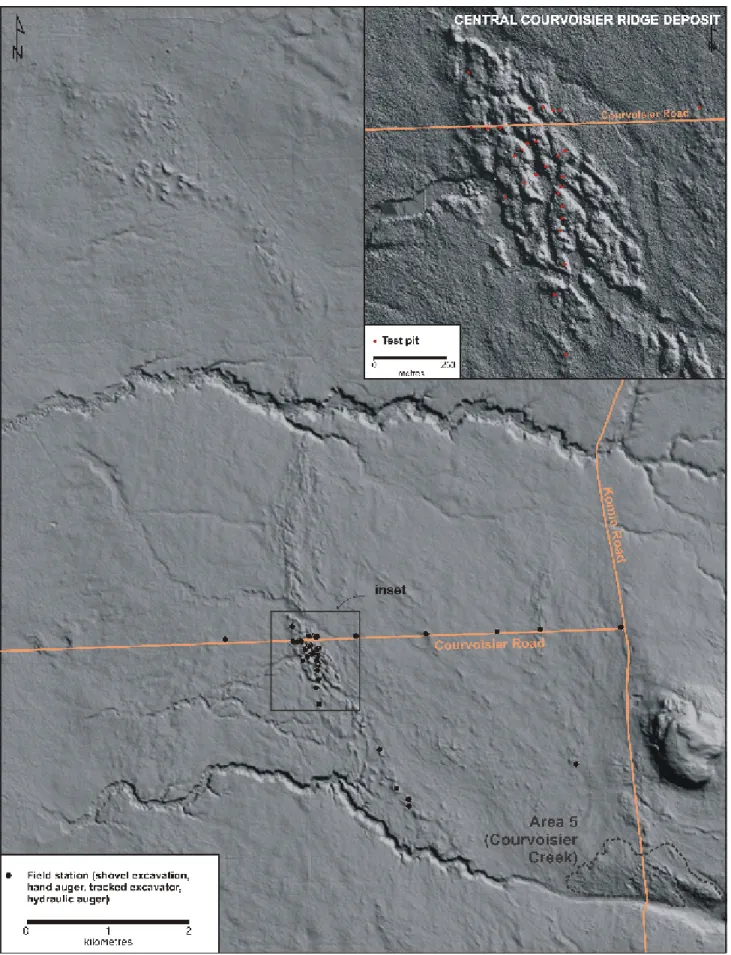 Figure 3.  The Central Courvoisier Ridge deposit.  Shown here in a LiDAR DEM, this deposit is hosted in the central portion (inset)  of a large ridge system interpreted to be an esker complex (inset)